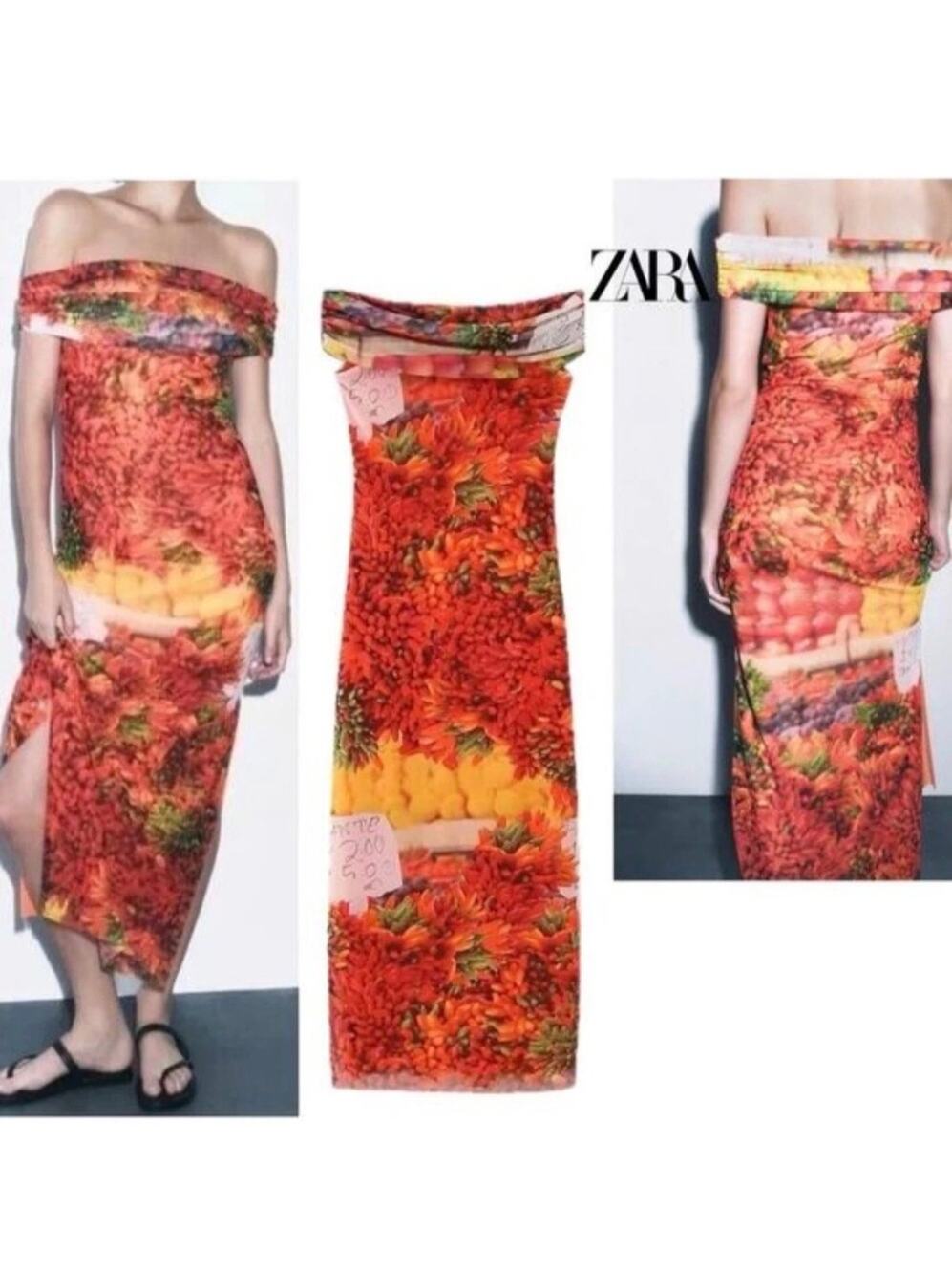 ZARA Womens NWT Tulle Mesh Stretch Midi Dress size S NWT Picante Pepper